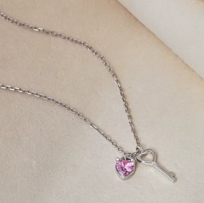 Dainty Pink Heart Key 925 Silver Necklace